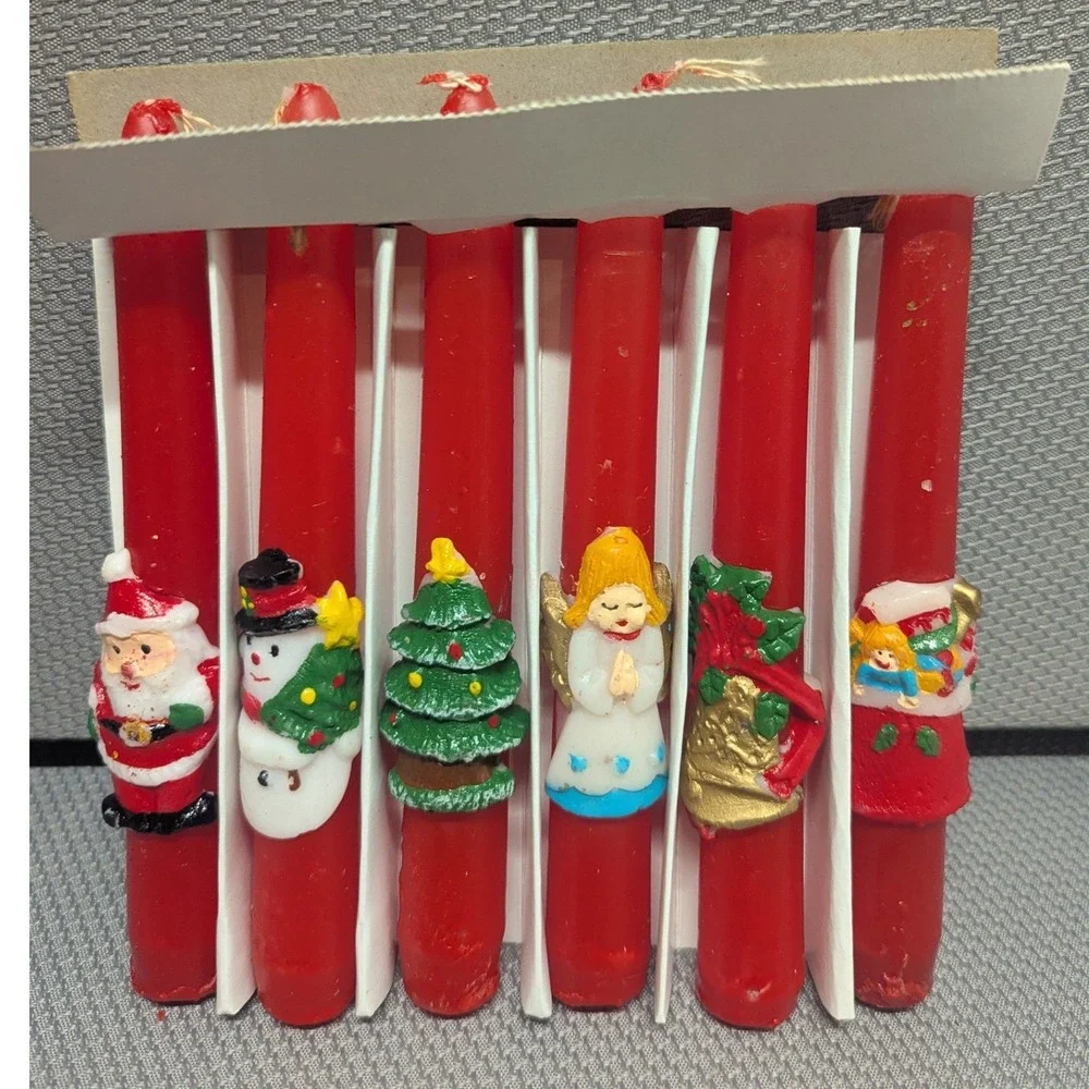Vintage Christmas Taper Candles Set of 6 Red Wax Santa Snowman Tree Angel 6 inch